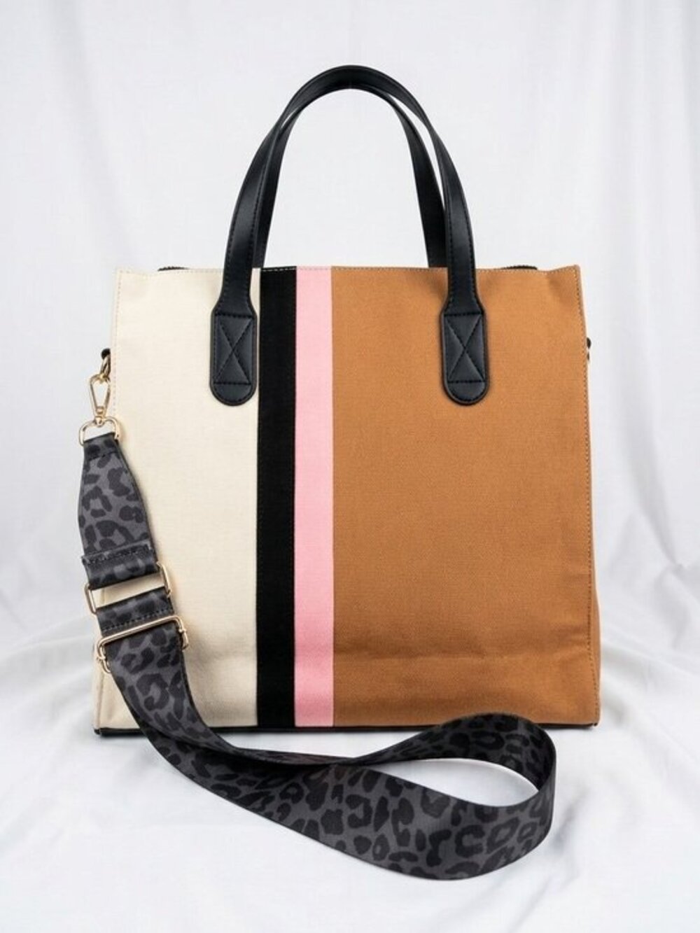 Erin Condren Colorblock Canvas Crossbody Tote Leopard Strap 13" Laptop Bag
